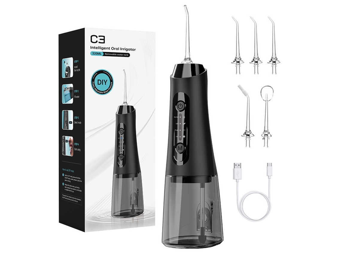 Irrigador Oral Dentário Recarregável 320 Ml 4 Modos, para o Cuidado do Aparelho Ortodôntico Preto HEXINYIGJLY