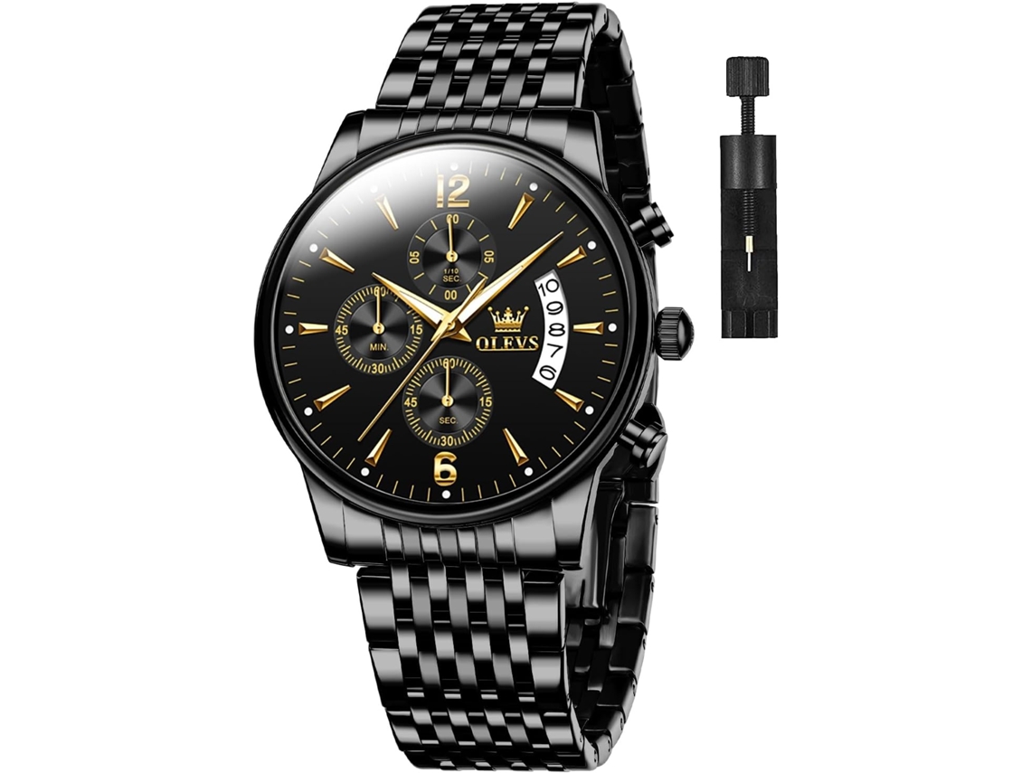 Lurelia Relógio Cronógrafo Masculino, Movimento De Quartzo, Data/calendário, Luminoso, Detalhes Com Strass, Aço Inoxidável, Pele, Preto