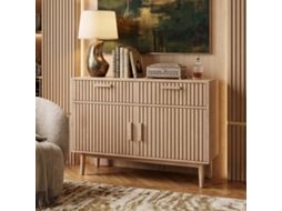 Lazyspace Aparador Cor De Carvalho Com Portas De Ripas E Pés Em Madeira Maciça 100x35x80 Cm Com Gaveta E Arrumação Espaçosa - Cor De Carvalho