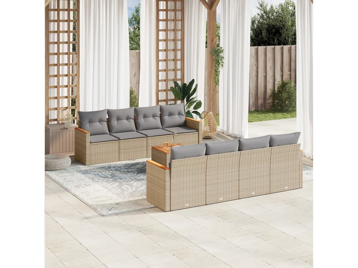 Vidaxl 9 Pcs Conj. Sofás Jardim C/ Almofadões Vime Pe Bege Misturado