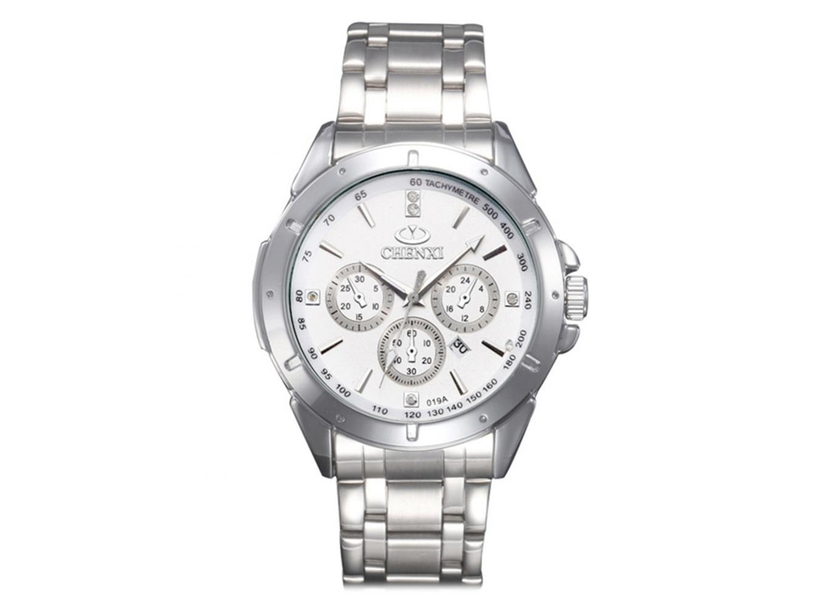 Relógio masculino de pulso com pulseira de aço inoxidável, relógio de quartzo branco redondo