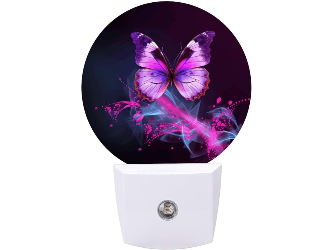 Luminária Noturna Redonda com Design de Borboleta Roxa, Luminária Noturna LED com Sensor, Luz Branca Suave.