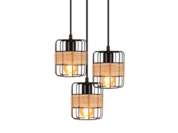 Nettlife Candeeiro Pendente De Metal Preto Diam.25 Cm E27 Vintage Rústica Redonda 3 Lâmpadas Retro Rattan Metal Natural Lâmpada De Sala De Estar