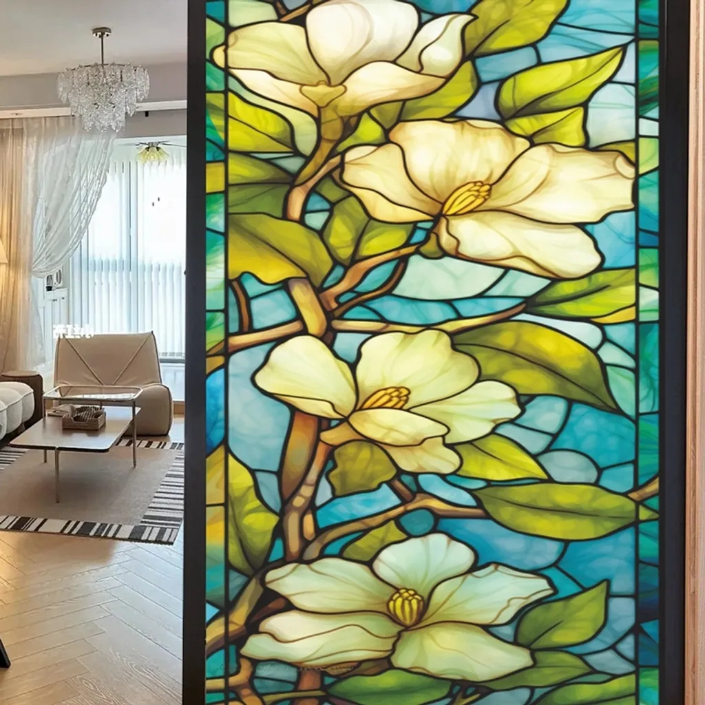 Película Para Janela 45* 100cm Com Estampa De Vitral Magnólia, Adesivo Para Janela, Película De Proteção De Privacidade