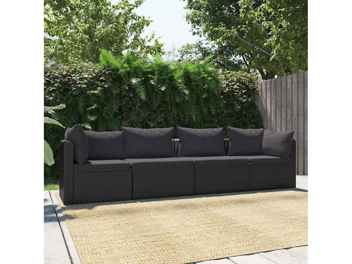 Vidaxl 4 Pcs Conjunto Sofás De Jardim C/ Almofadões Vime Pe Preto