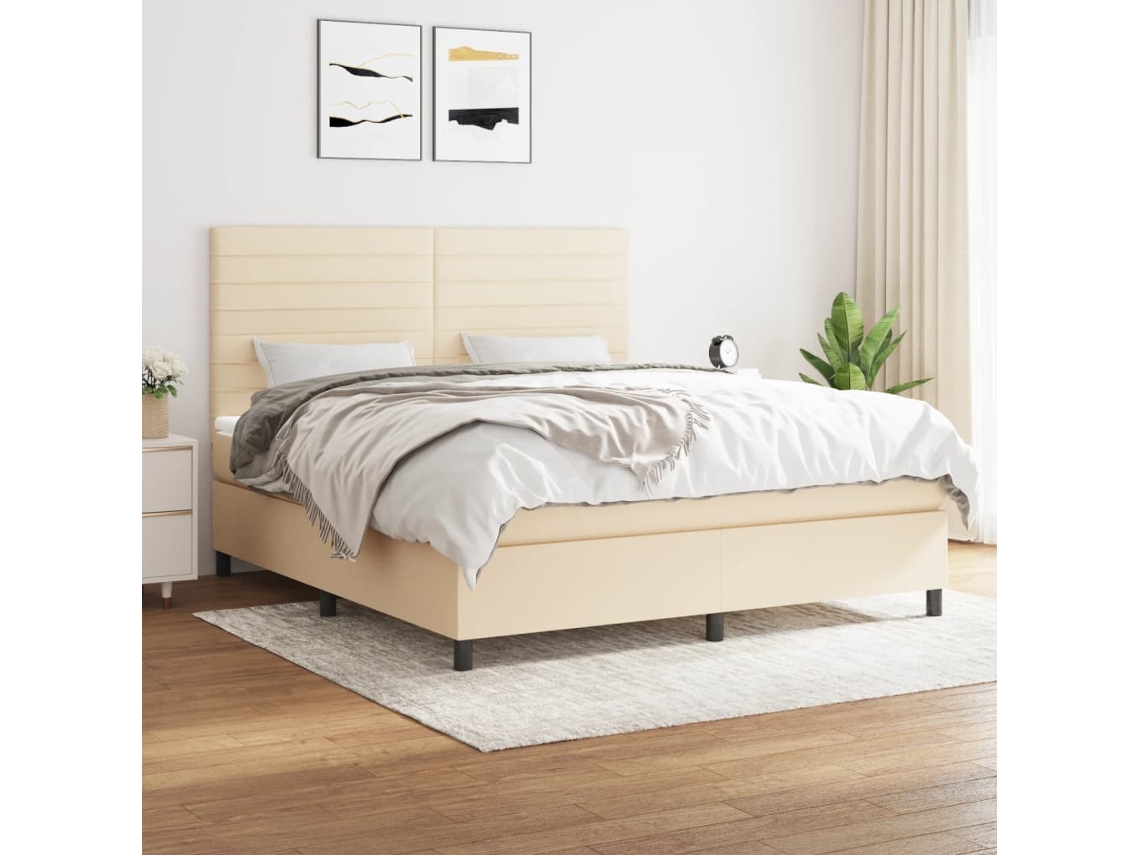 Cama Com Molas/colchão 160x200 Cm Tecido Cor Creme
