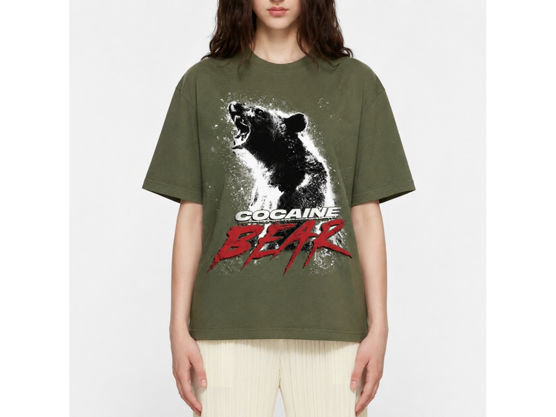 Rockinstone Cocaine Bear Movie Poster Light Solid Military Green Adult T-shirt Size:l
