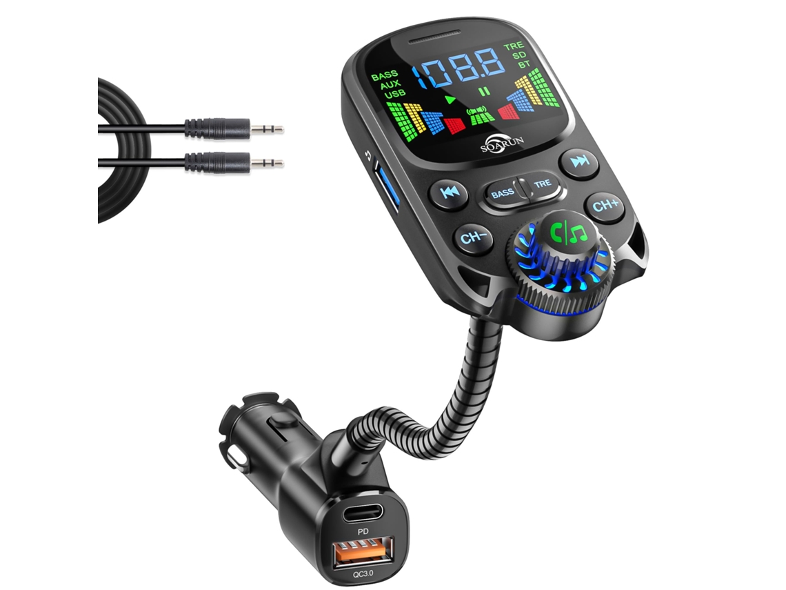 Transmissor Fm Bluetooth Para Carro 48w Com Aux Leitor Tf E Usb Chamadas Mãos Livres E Visor