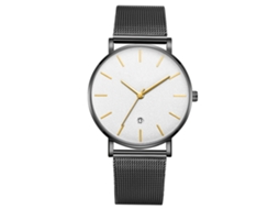 Relógio de pulso analógico de quartzo com mostrador redondo elegante (pulseira preta, caixa preta, vidro branco, ponteiros dourados)
