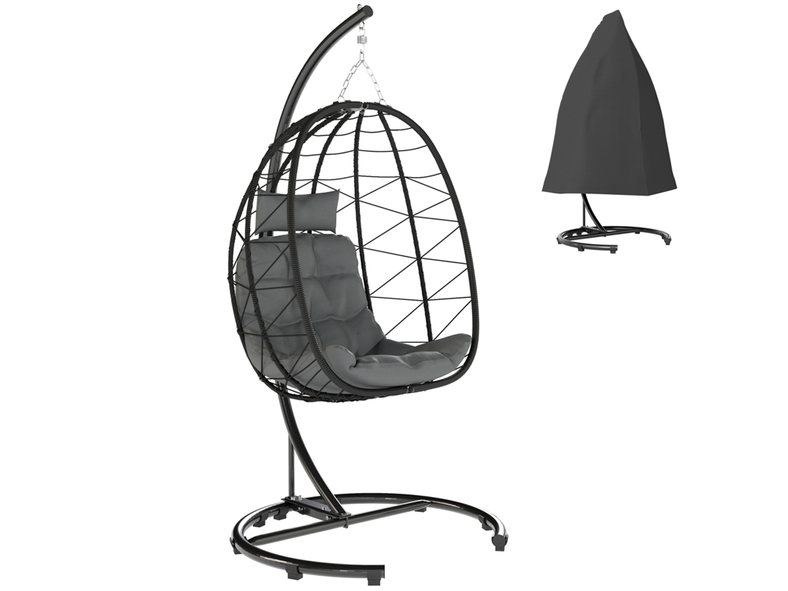 Cadeira Ovo Suspensa Exterior Almofada Carga Máxima 102x102x195cm Cinza Escuro QINGYU TECH