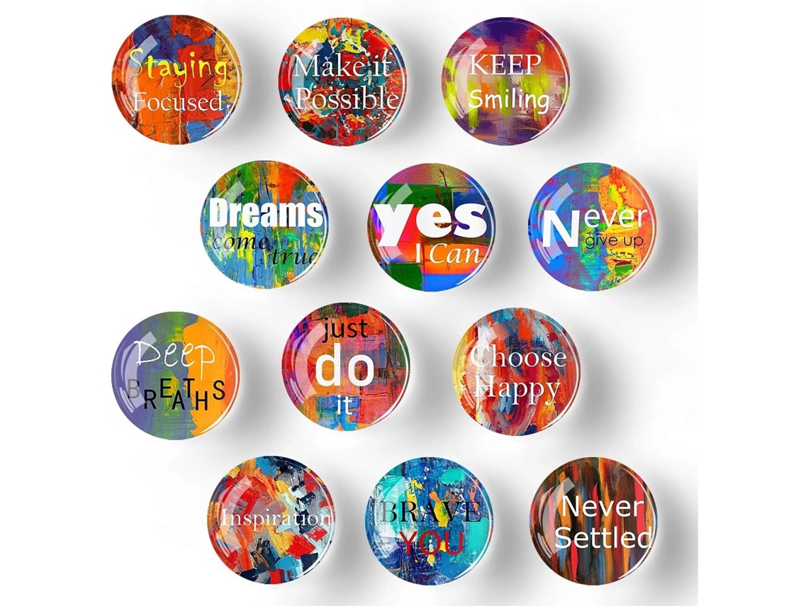 Conjunto De 12 Ímãs De Geladeira De Vidro 35 Mm Aquaforge (frases Inspiradoras Ensolaradas)