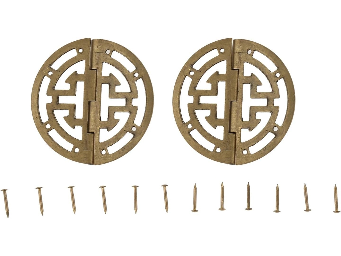 2 Dobradiças Decorativas Redondas Vazadas Em Latão Para Caixas De Joias E Presentes Madeira + Parafuso 45mm