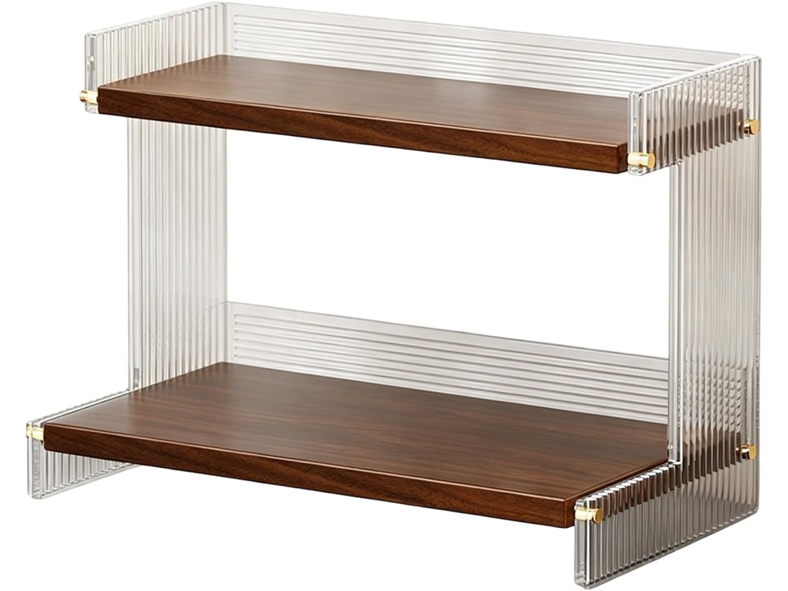 Expositor Contemporâneo De Acrílico Dois Níveis Com Acabamento Em Madeira Natural, Ideal Para Otimizar Espaço E Decorar