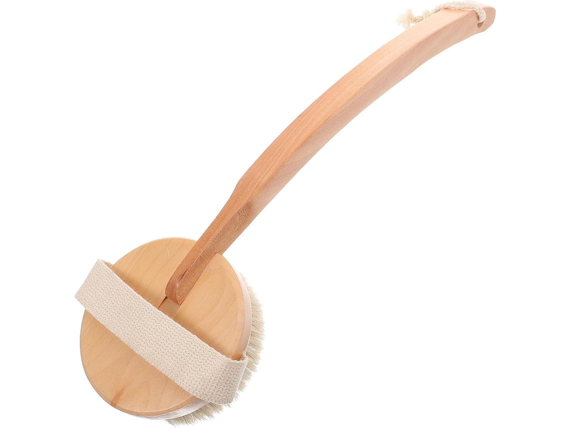 Escova de banho com cabo longo para uso portátil.