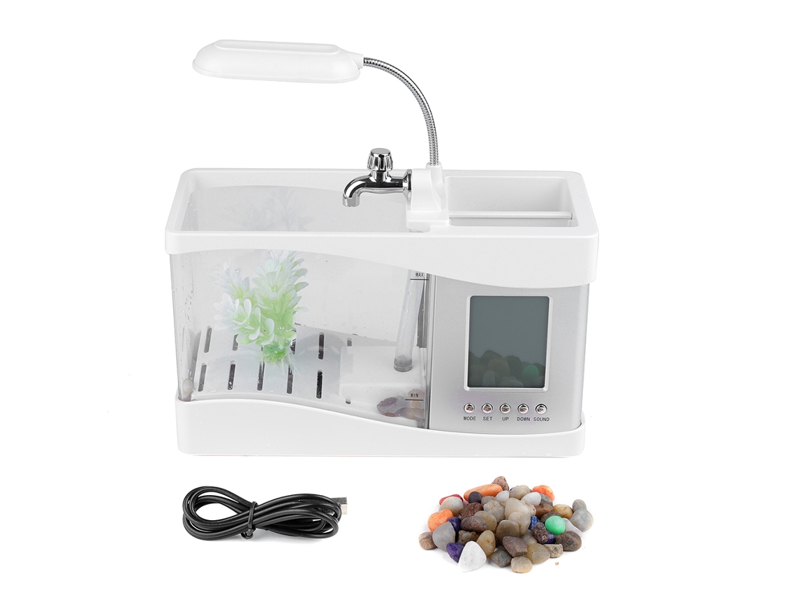 Acuário De Peixe Usb Recarregável Com Função De Relógio E Luz Led Multifuncional Branco
