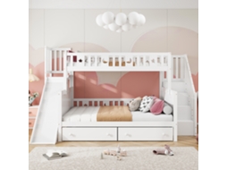 Cama Infantil de Madeira Maciça 90x200/140x200cm com Beliche, Escorregador e Duas Gavetas Grandes Branca PAPRIKA