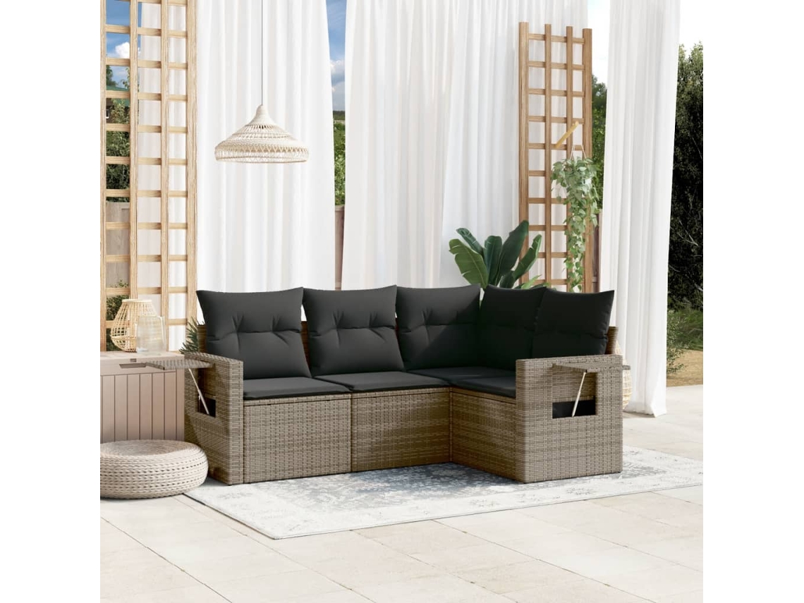 Conjunto de Sofá de Jardim 4 Peças C/ Almofadões Vime Pe Cinzento Dkd Home Decor