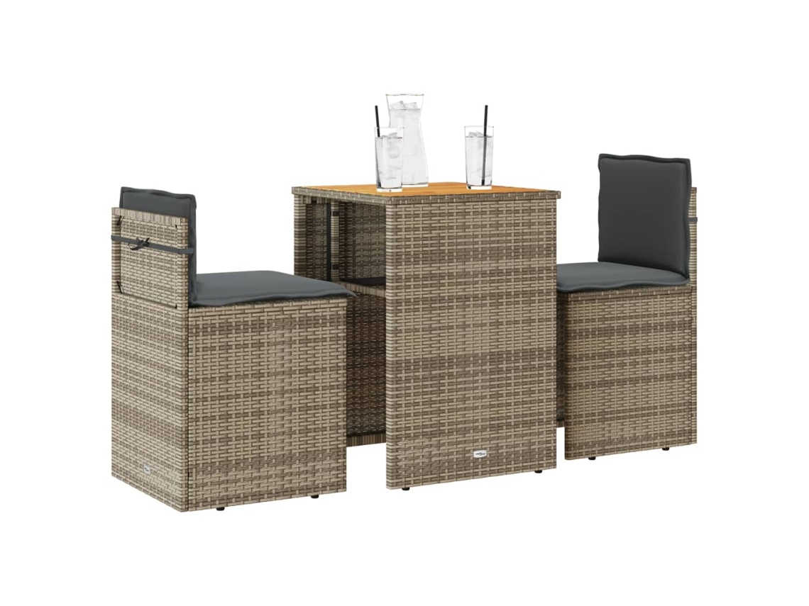 Vidaxl 3 Pcs Conjunto Bistrô Com Almofadões Vime Pe Cinza