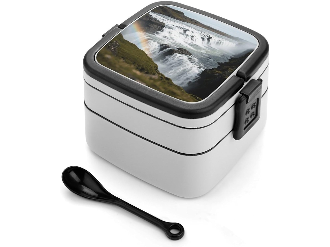 Marmita Bento Dupla Camada Com Estampa De Cachoeira Dourada E Arco Íris Para Adultos, Com Colher E Alça, À Prova De