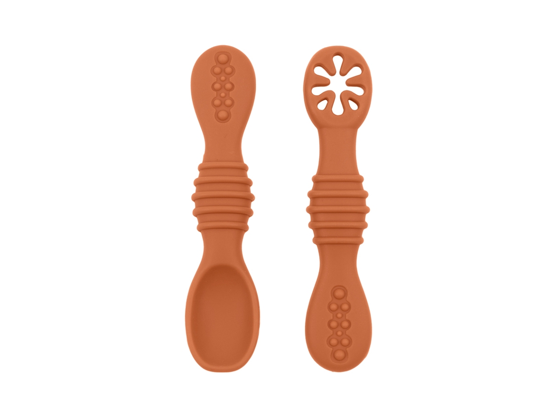 Conjunto de Talheres para Bebê , em Silicone de Qualidade Alimentar, com Colher Antiderrapante. MDUG (ocre Natural)