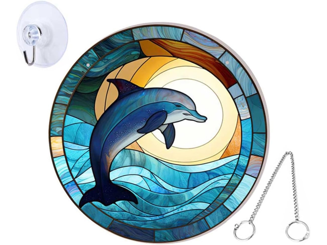 Decoração Suspensa de Golfinho Inoomp, Transparente, Dupla Face, Pequena, com Corrente de Metal e Gancho de Ventosa, Às CHABERLU