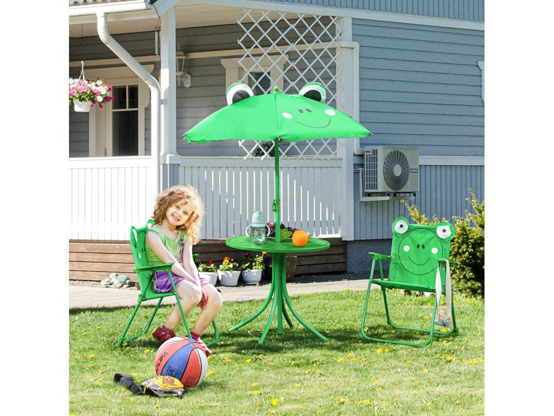 Conjunto Em Metal Poliéster De Mesa Jardim Com 2 Cadeiras Dobráveis Centro E Guarda Sol Infantil Verde