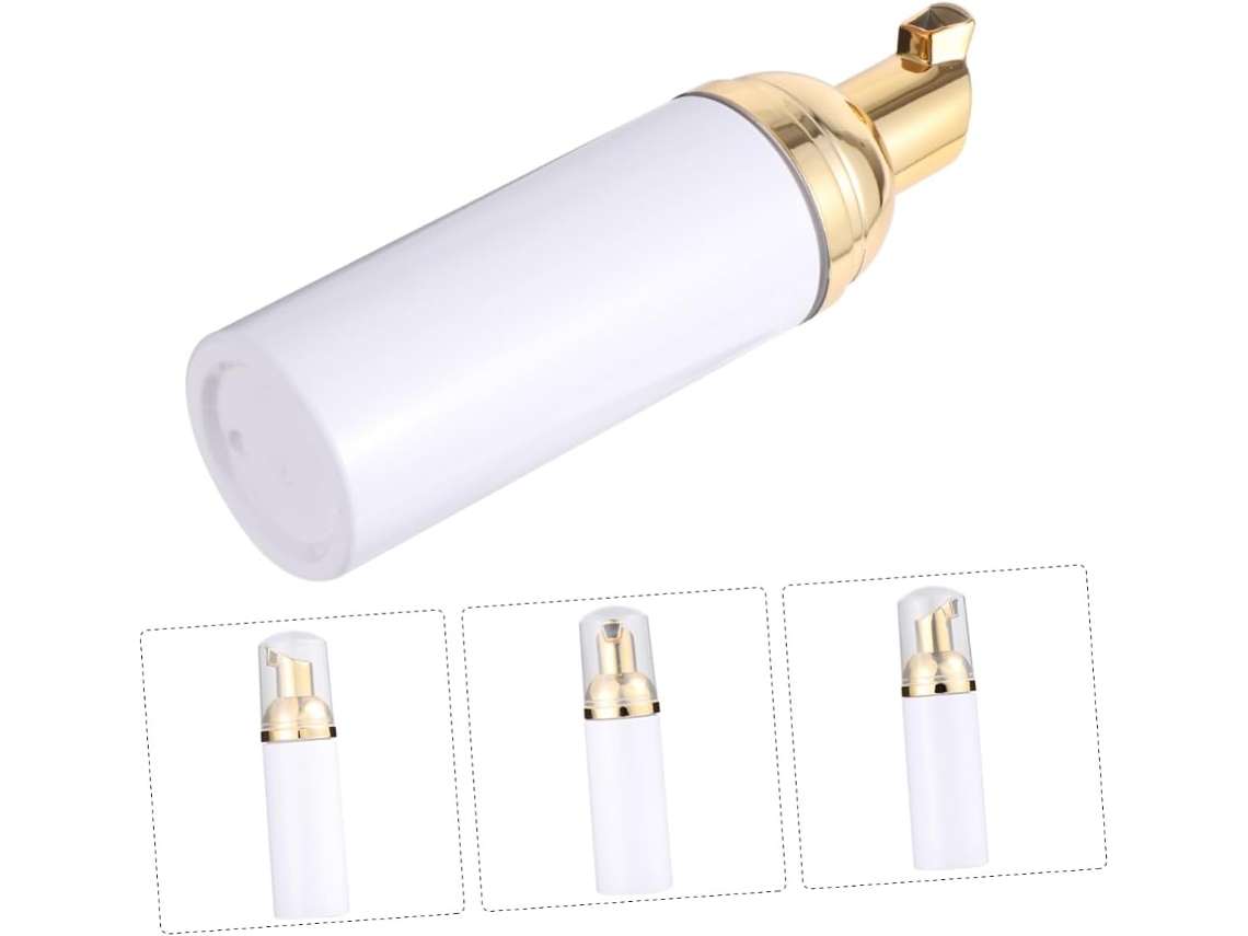 Conjunto De 6 Frascos De Espuma Pet Brancos Com Bomba Dosadora Dourada.