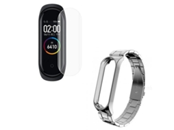 Kit Pulseira Bracelete Aço Stainless Lux Ferramenta Película Protectora Ecrã Gel Full Cover Xiaomi Mi Band 4 Cinza