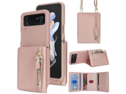 Capa Tkdaddy Para Samsung Galaxy Z Flip4 5g Com Suporte Para Cartão E Textura De Lichia, Capa De Telefone De Tpu Com Alça Longa Em Ouro Rosa