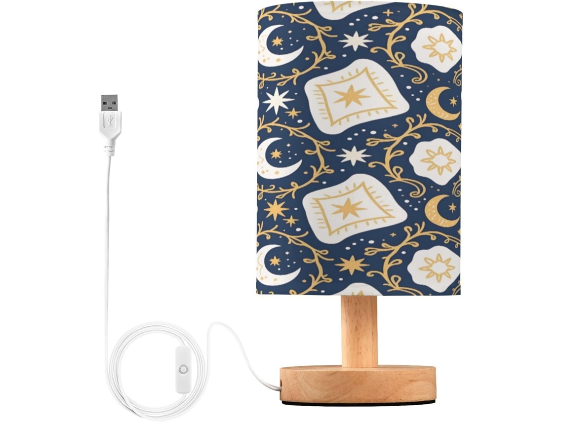 Abajur De Cabeceira Com Impressão Celestial Para Quarto, Portas De Carregaje USB C, Luminária De Mesa Cabeceira