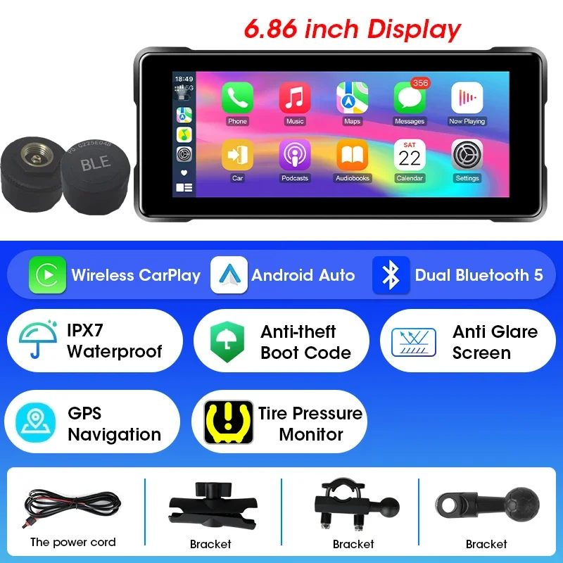 Sistema De Navegação Para Motocicletas (carplay-tpms) De 6,86 Polegadas, Com Carplay Sem Fio E À Prova D'água.