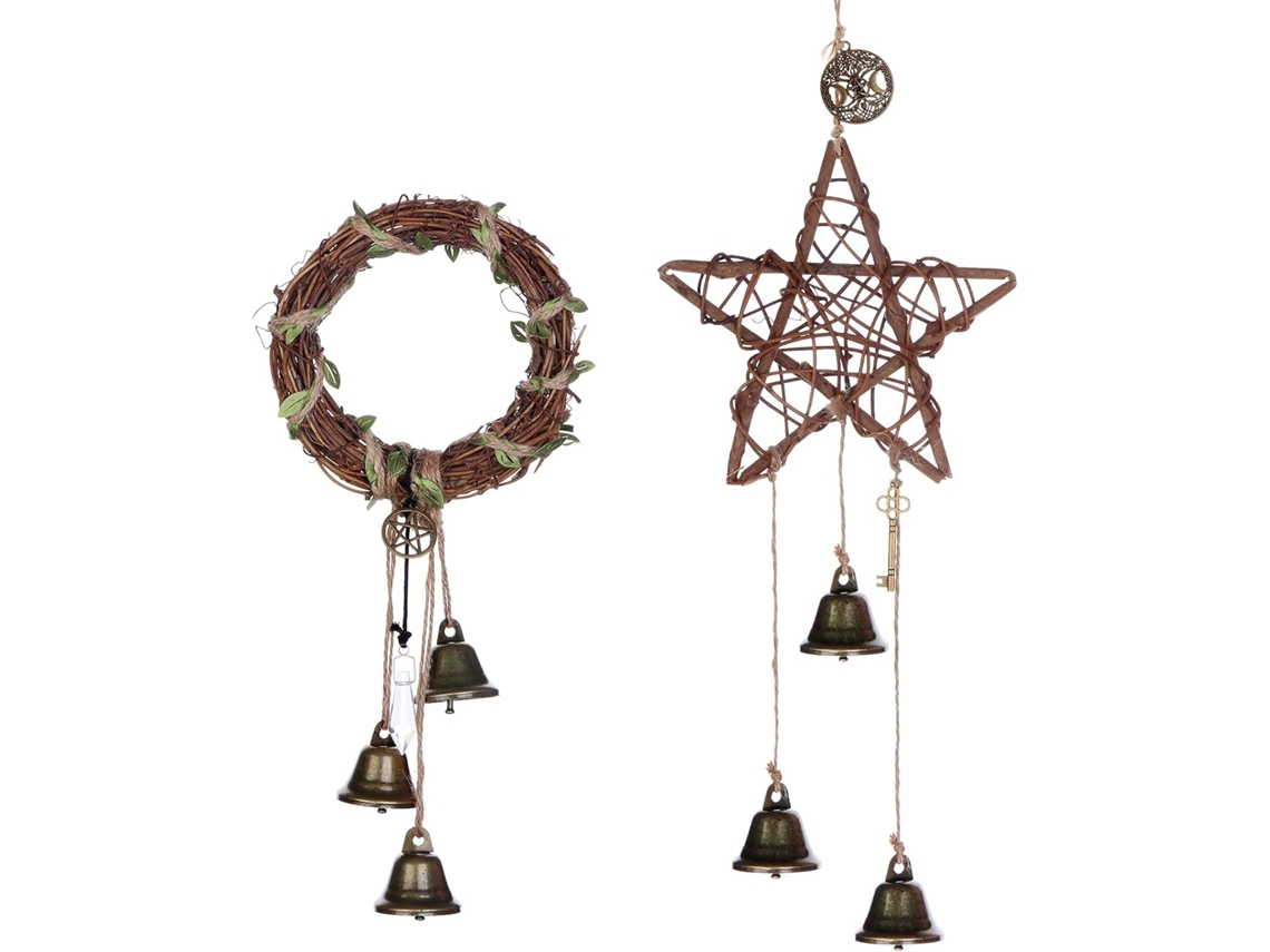 Conjunto de 2 Sinos Bruxa para Pendurar na Porta, com Pentagrama Redondo, Feitos À Mão em Rattan BRILVIBERA