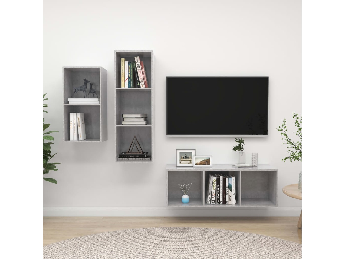 Vidaxl 3 Pcs Conjunto De Móveis De Tv Contraplacado Cinzento Cimento