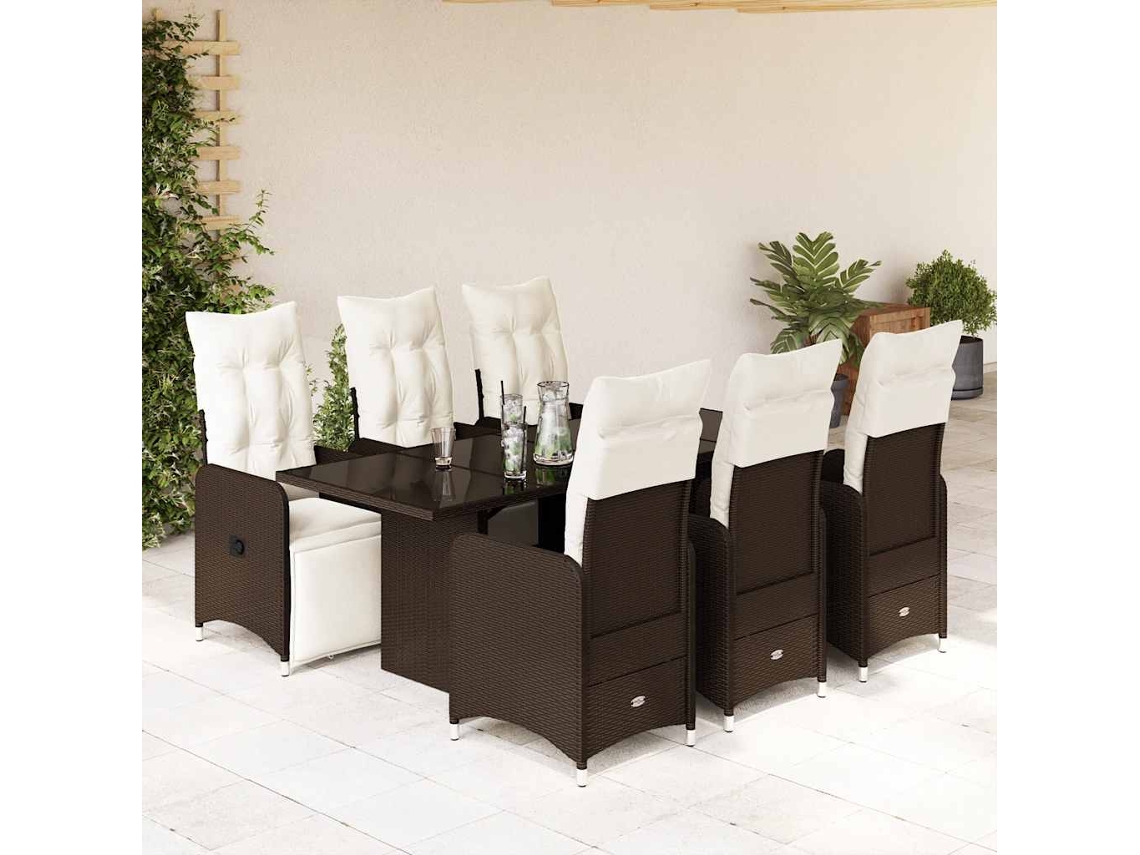 Vidaxl 7 Pcs Conjunto Bistrô de Jardim C/ Almofadões Vime Pe Castanho