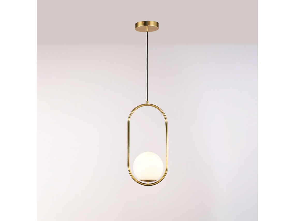 Candeeiro Suspenso Moderno Dourado “livia” Com 1 Ponto De Luz, Globo De Vidro Fosco Branco, Estilo Mid-century, E27