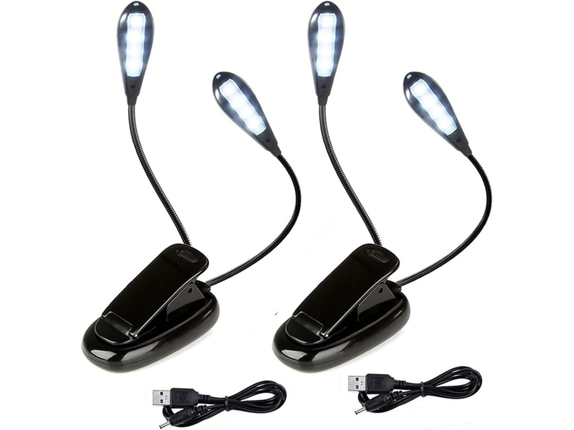 Luminária De Leitura Com Clipe E Duas Cabeças, 8 Leds, 2 Modos De Brilho Ajustáveis, Clipe Giratório 360°, Haste