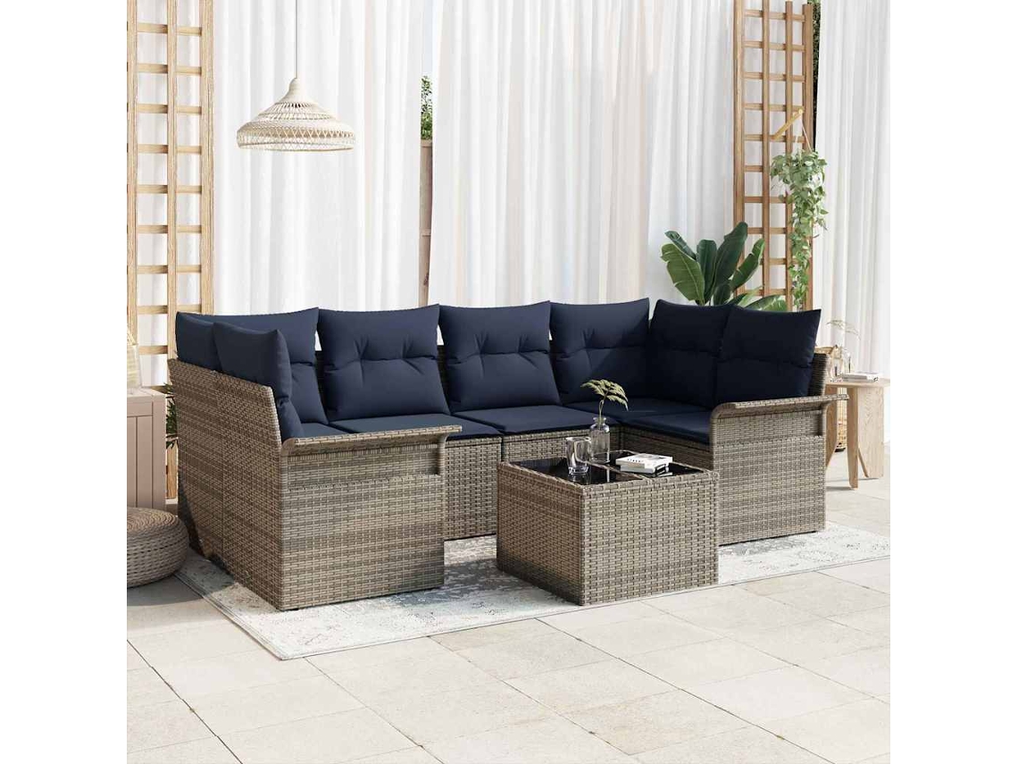 Vidaxl Conjunto De Sofá De Jardim 7 Unid. Cinza E Azul Marinho Vime Pe