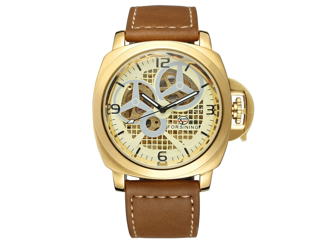 Reloj Automático Mechanico Hombre Correa De Cuero Dial Dorado Forsining