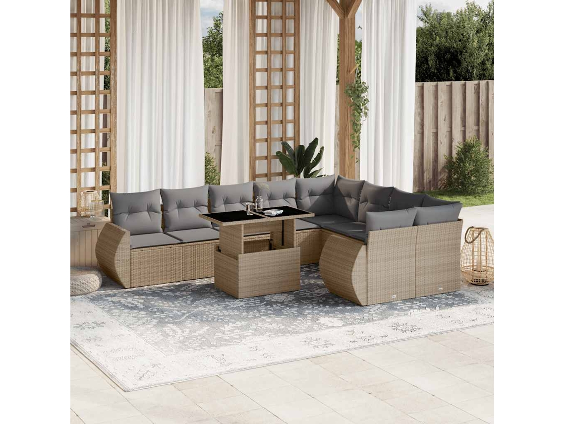 Vidaxl 10 Pcs Conjunto De Sofás P/ Jardim Com Almofadões Vime Pe Bege