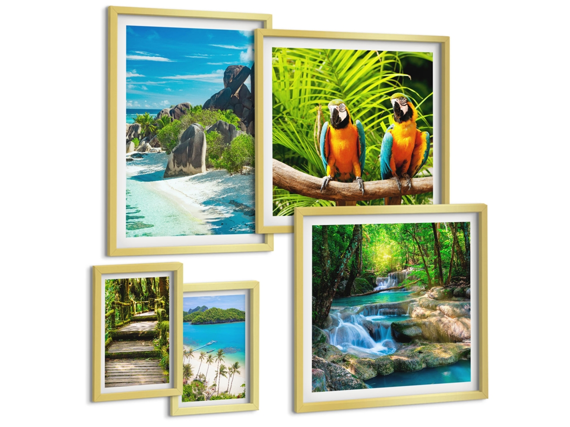 Galeria De Pinturas Murais Paisagem De Primavera, Rio E Prado Moldura Dourada Quadros Para O Escritório Espelharte (conjunto De 5 Imagens)