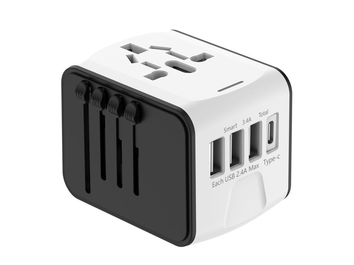 Adaptador De Viagem Universal(cinza), Branco, 3 Usb, 1 Tipo, C, 1500 W, Compacto E Prático