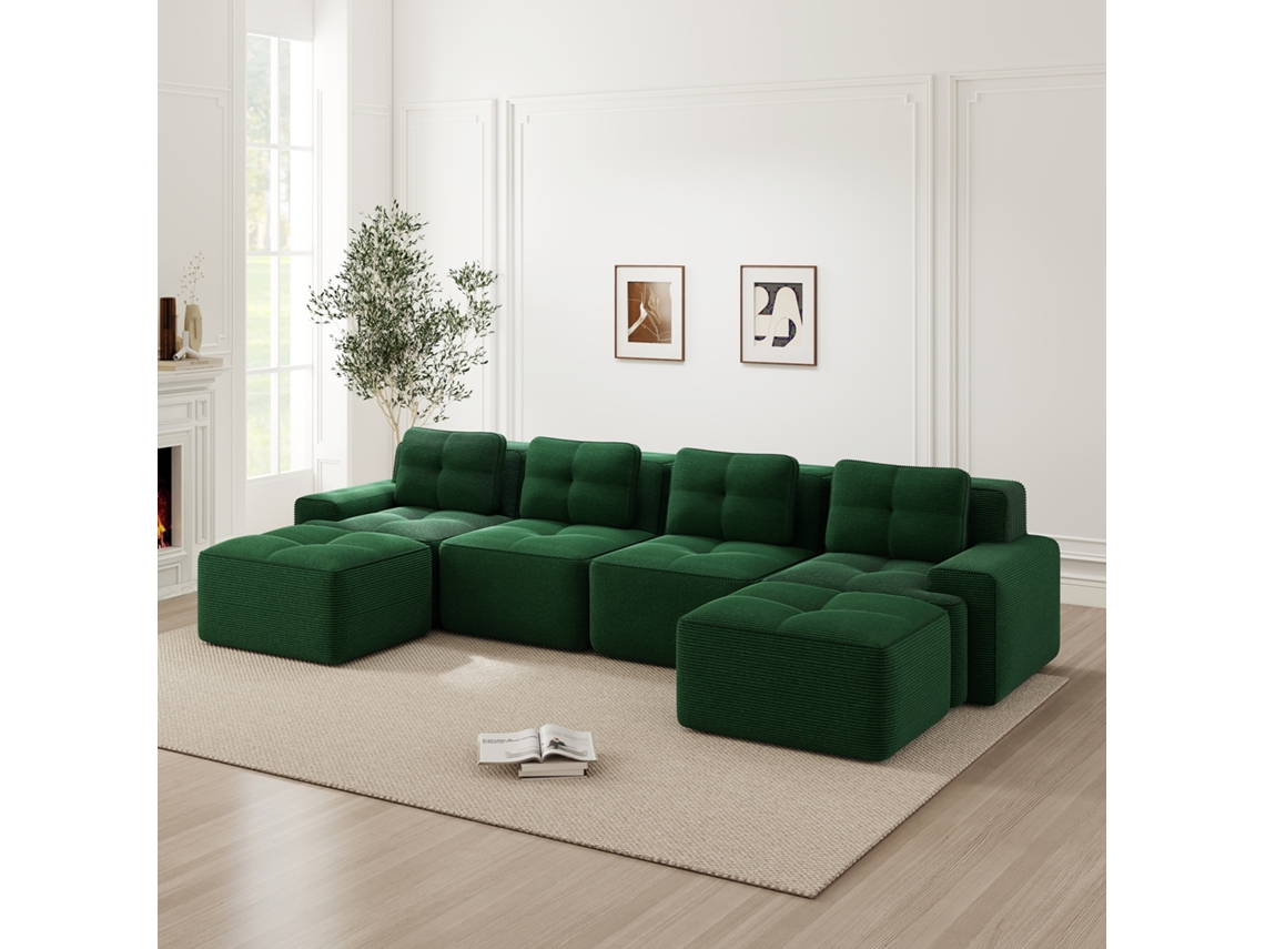 Sofá Modular Boneless Em U Verde, 4 Lugares Com Assento Profundo Em Veludo Cotelê