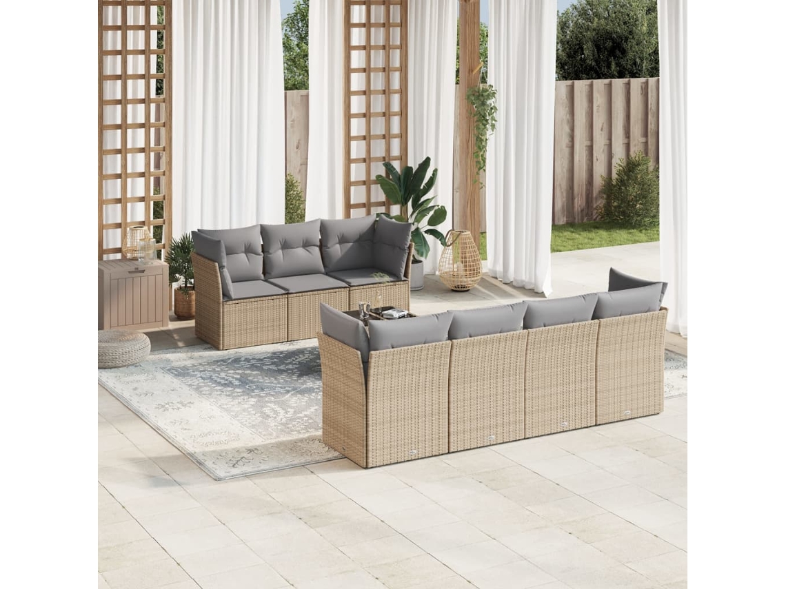 Vidaxl 8 Pcs Conjunto De Sofás P/ Jardim Com Almofadões Vime Pe Bege