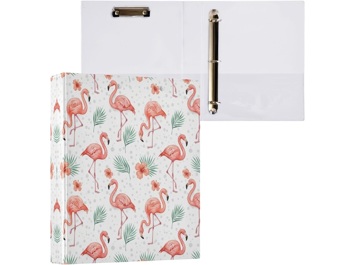 Pasta de 3 Argolas para Tamanho Carta , Linda Redonda com Estampa Flamingo e Prancheta, Ideal (27,9 X 21,6 Cm)