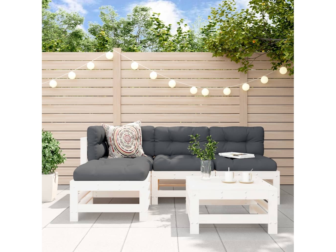 Vidaxl 5 Pcs Conjunto Lounge De Jardim Madeira De Pinho Maciça Branco