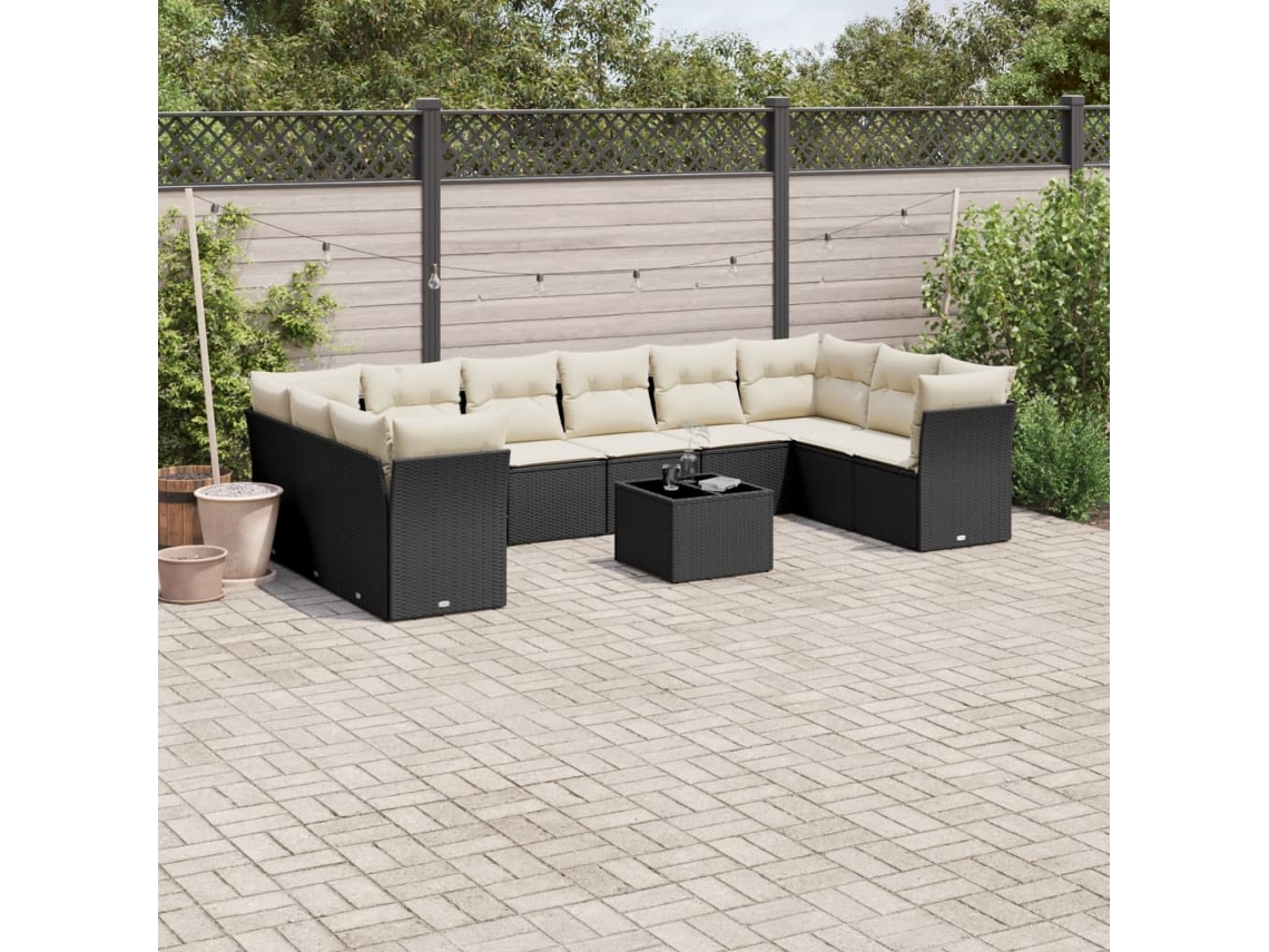 Vidaxl 11 Pcs Conjunto Sofás De Jardim C/ Almofadões Vime Pe Preto