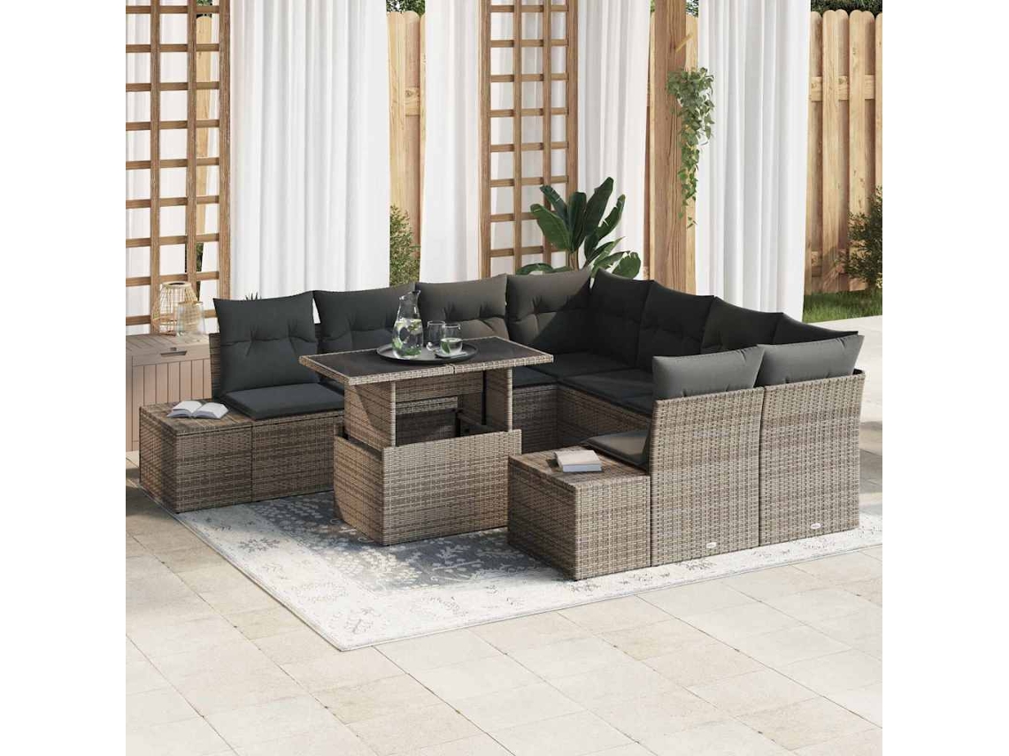 Vidaxl Conjunto De Sofá De Jardim 9 Unid. Cinzeto Vime Pe