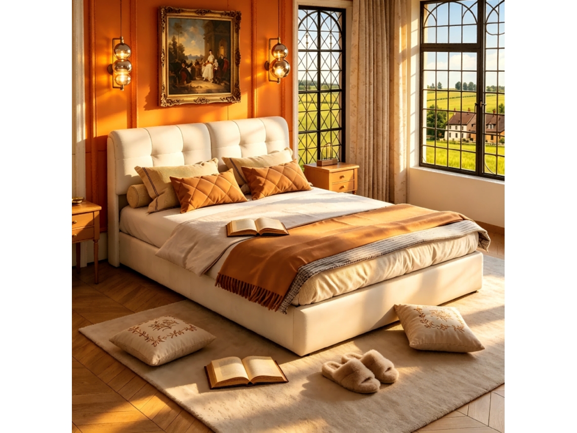 Cama com Armazenamento 140x200, Hidráulica, LED, Cabeceira Estofada, Sem Colchão | S/MARCA