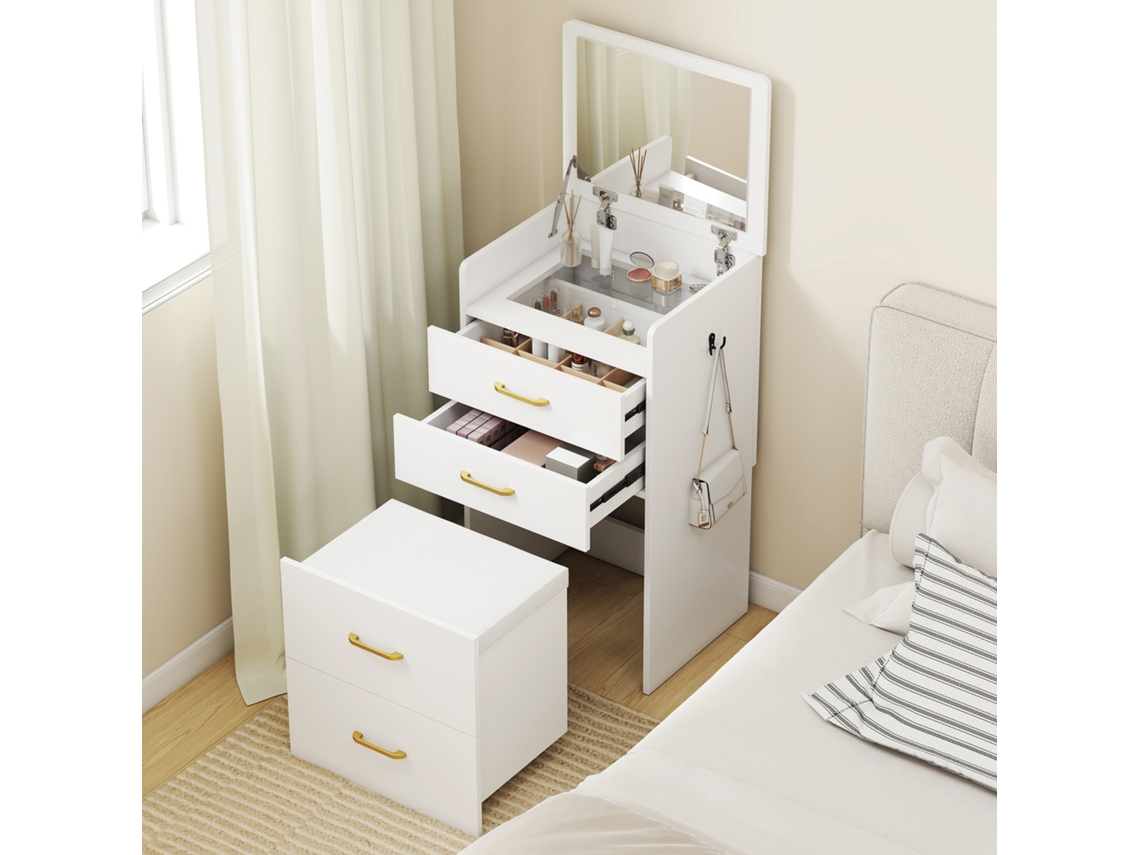 3 In 1 Dressing Table With Mirror, Bedside Table, Rolling Stool, Drawers, White