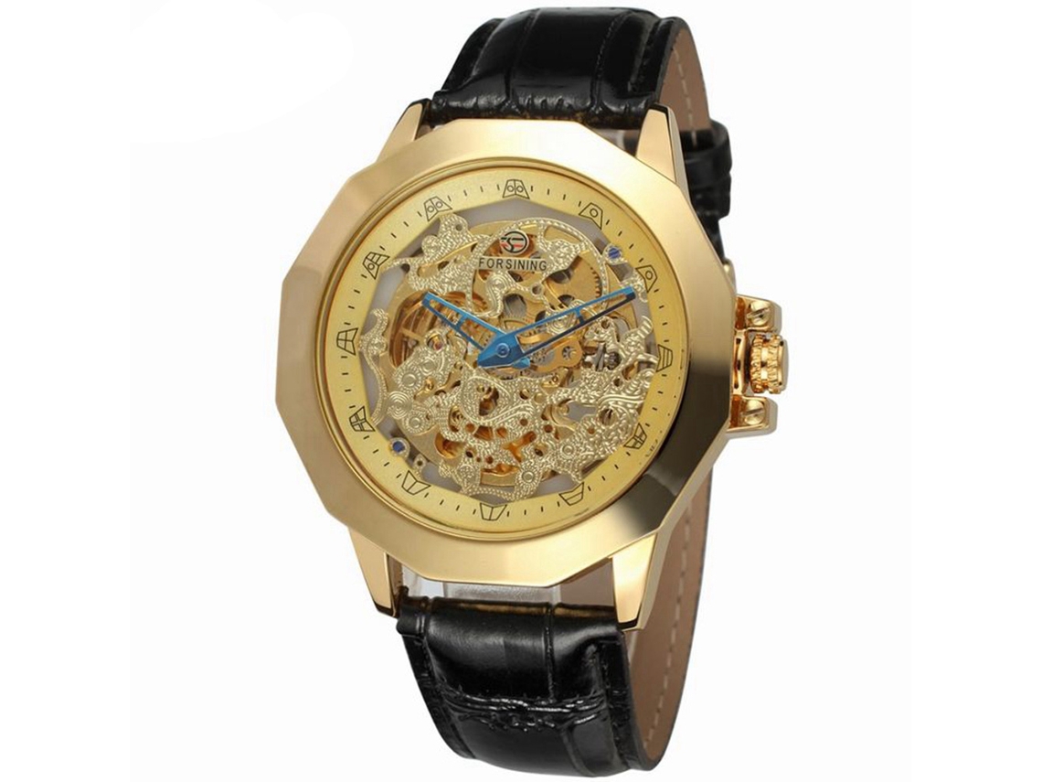 Relógio masculino Forsining automático mecânico com pulseira de couro e mostrador vazado.
